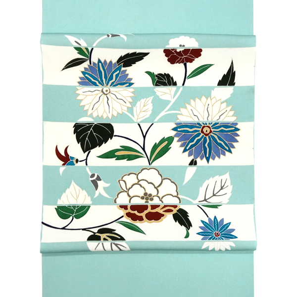 塩瀬名古屋帯 京友禅 仕立て付き 水色 正絹 染め帯 お茶会 五泉 新品