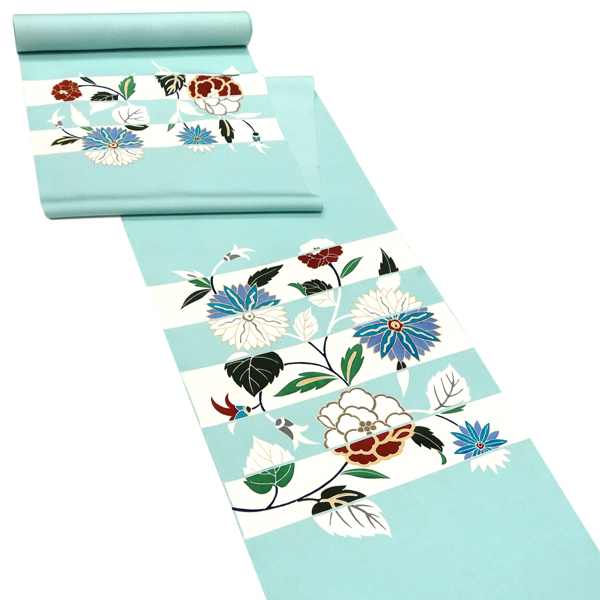 塩瀬名古屋帯 京友禅 仕立て付き 水色 正絹 染め帯 お茶会 五泉 新品