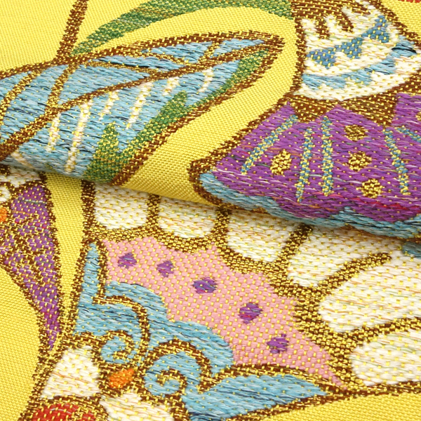 帯屋捨松 八寸名古屋帯 正絹 仕立て付き 黄色 紬帯 モダンロマン文