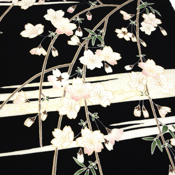 塩瀬名古屋帯 一富司 仕立て付き 正絹 黒 染め帯 京友禅染め 新品 九寸