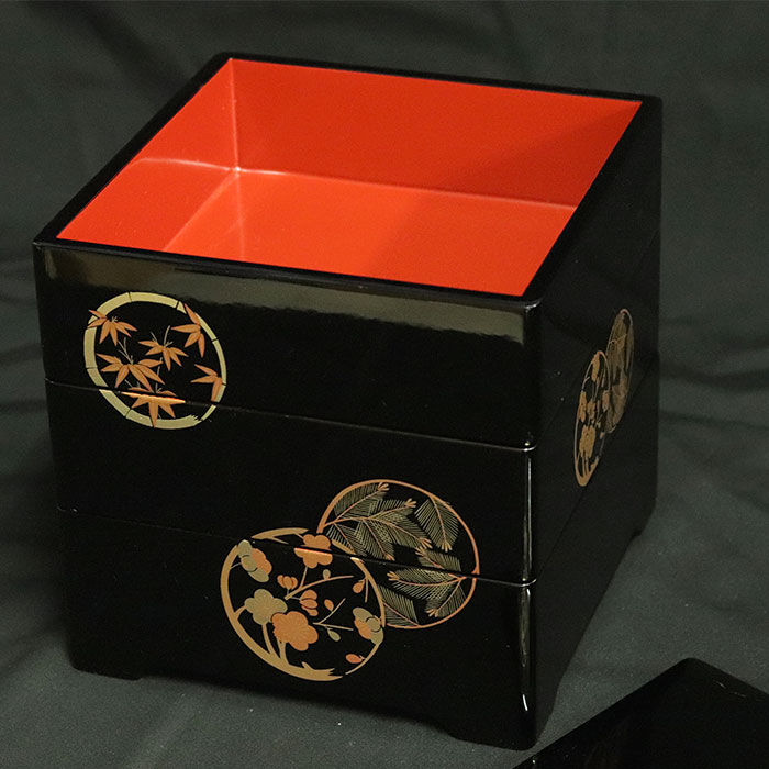 重箱 3段 日本製 国産 会津漆器 6.0 三段重共足 花丸 黒 内朱 6寸 5〜6