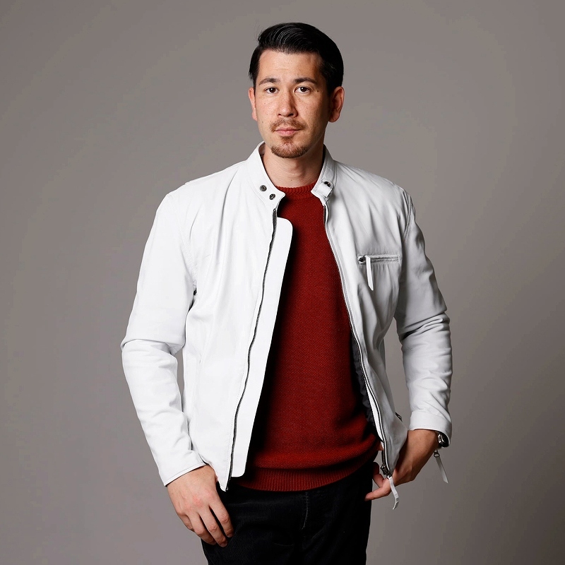 本革 ラムレザー】ホワイト シングルライダースジャケット メンズ