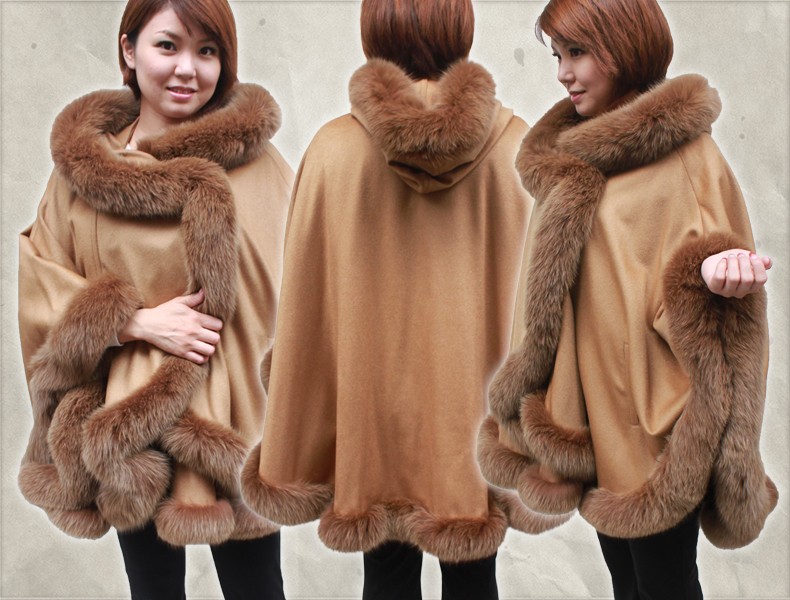 カシミヤ100% ファーケープ FOXフード付き ファーマント レディース