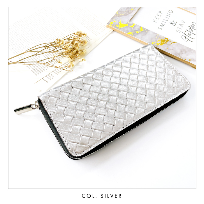 長財布 本革 財布 メタリック 編み込み風 ラウンド ファスナー サイフ