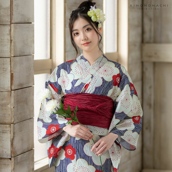 浴衣 単品 レディース 「紺色 変わり縞に梅」 女性浴衣単品