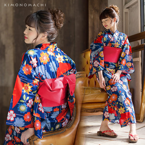 KIMONOMACHI 浴衣 レディース セット オリジナル 「青色 枝垂れ桜に笠