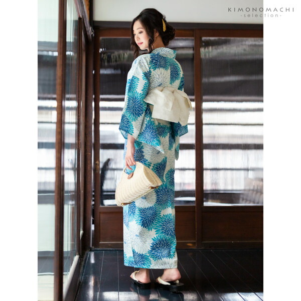浴衣 単品 レディース 「ブルー丸菊」 女性浴衣単品 フリーサイズ 綿