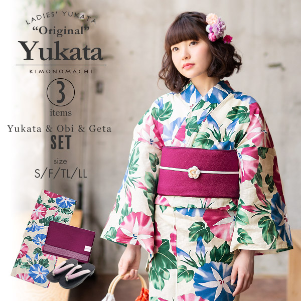 KIMONOMACHI レディース 浴衣3点セット（浴衣＋帯＋下駄） 「浴衣 朝顔