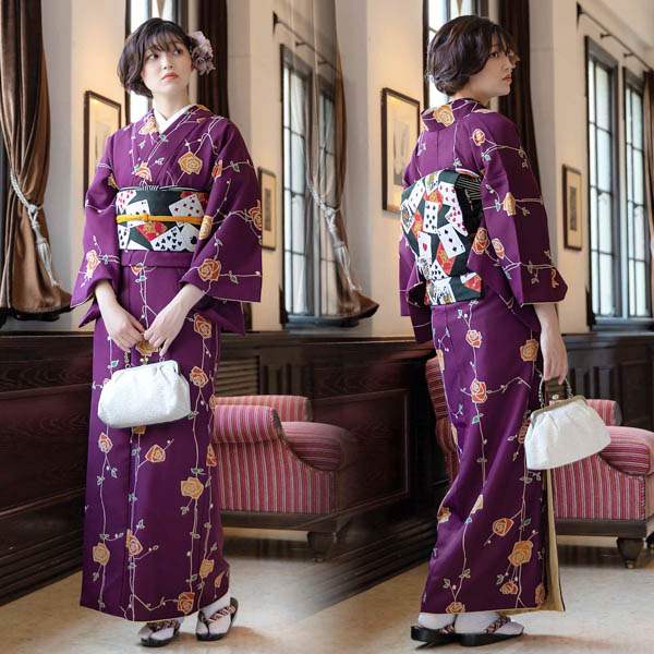 KIMONOMACHI 洗える着物 袷着物単品「ばら 紫色」 きもの福袋から