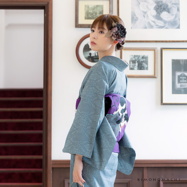 KIMONOMACHI 洗える着物 袷着物単品「アラベスク ブルーグレー