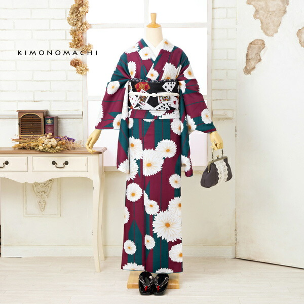 KIMONOMACHI 二尺袖着物 単品「矢羽根に菊赤紫色」KIMONOMACHI