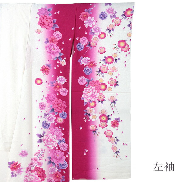 未仕立て 振袖 単品 「白×赤紫 牡丹」 仮絵羽 振り袖 正絹 着物