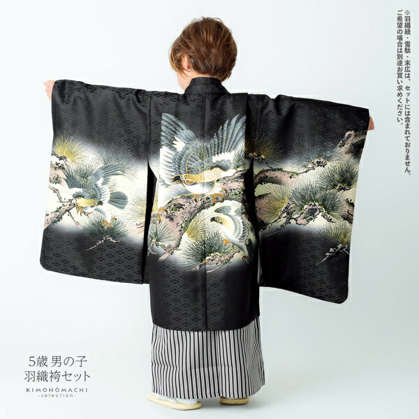 七五三 着物 男の子 5歳 羽織袴セット 「黒 鷹に老松」 フルセット 5歳