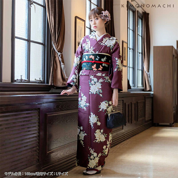 KIMONOMACHI 洗える着物 セット「袷着物：ストライプブーケ プラム＋京