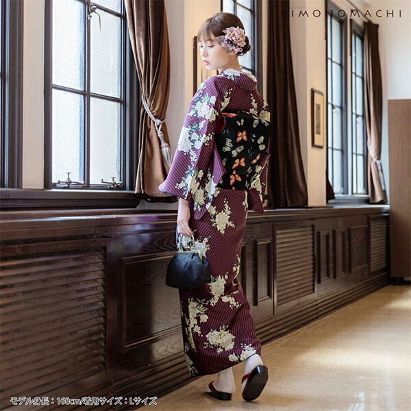 KIMONOMACHI 洗える着物 セット「袷着物：ストライプブーケ プラム＋京