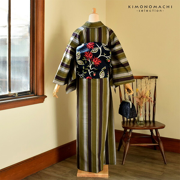 三河木綿 洗える着物 単品「鳶色、抹茶色、白 縞」お仕立て上がり 木綿