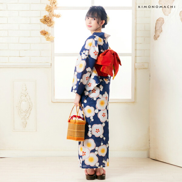 KIMONOMACHI 浴衣 レディース 浴衣と帯の2点セット 「浴衣 紺色 梅＋
