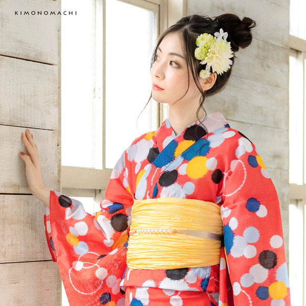 KIMONOMACHI 浴衣 レディース 浴衣と帯の2点セット 「浴衣 ピンク 水玉