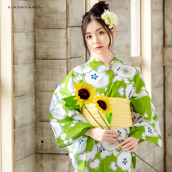KIMONOMACHI 浴衣 レディース 浴衣と帯の2点セット 「浴衣 緑色 梅＋
