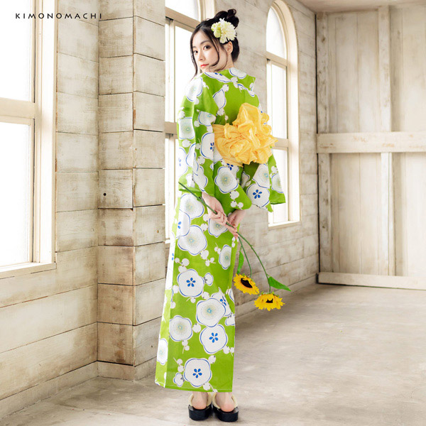 KIMONOMACHI 浴衣 レディース 浴衣と帯の2点セット 「浴衣 緑色 梅＋