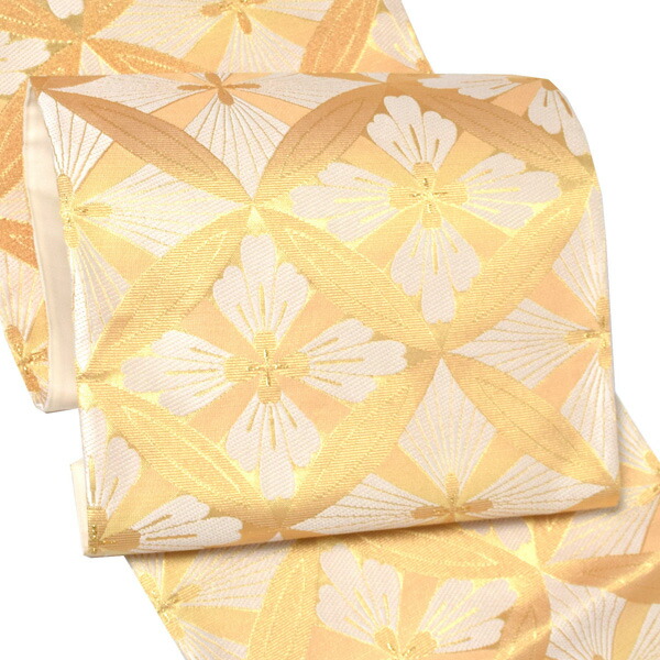 振袖 帯「オレンジゴールド 花七宝」日本製 未仕立て 六通柄 振袖用