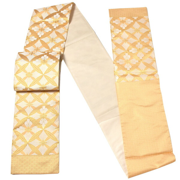 振袖 帯「オレンジゴールド 花七宝」日本製 未仕立て 六通柄 振袖用