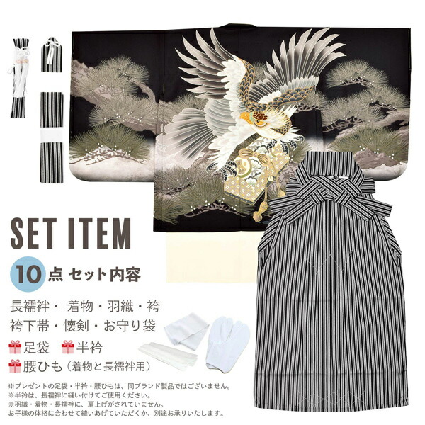 七五三 着物 男の子 5歳 羽織袴セット「黒 鷹に松」フルセット 5歳向け