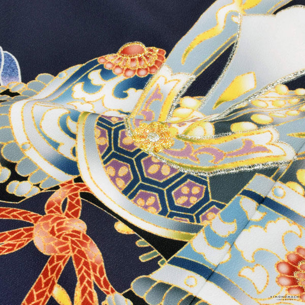 七五三 着物 男の子 5歳 羽織袴セット「墨紺色 兜に波、笹」フルセット