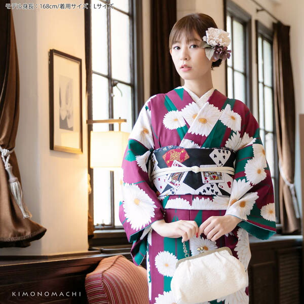 KIMONOMACHI 洗える着物 セット「袷着物：矢羽根に菊紫＋京袋帯：黒
