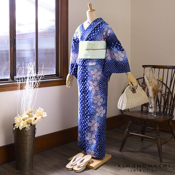 お仕立て上がり絞り浴衣単品「花言葉 紺ピンク」有松絞り 女性浴衣単品