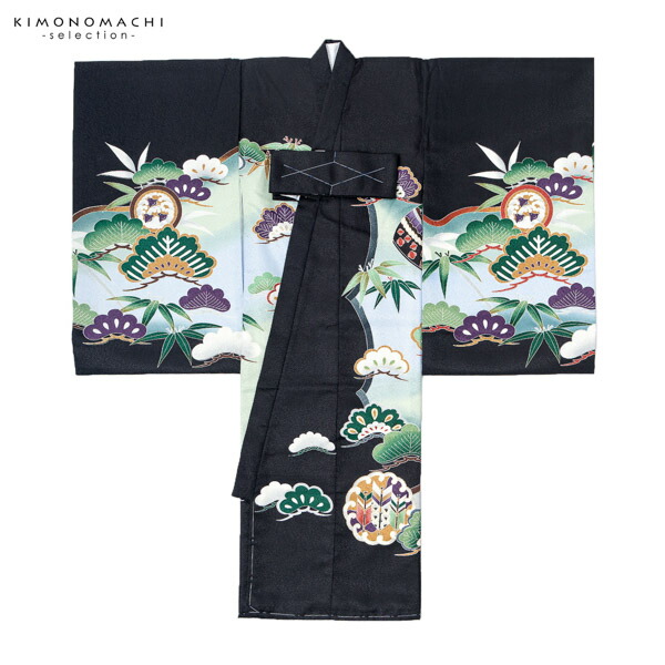 男の子のお宮参り産着 祝い着「黒 龍頭の兜、松竹梅に小槌」熨斗目 の