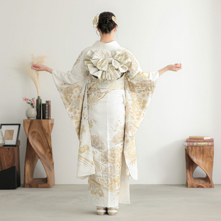 未仕立て 振袖 22点セット「白金 牡丹に松竹梅」仮絵羽 振り袖 正絹