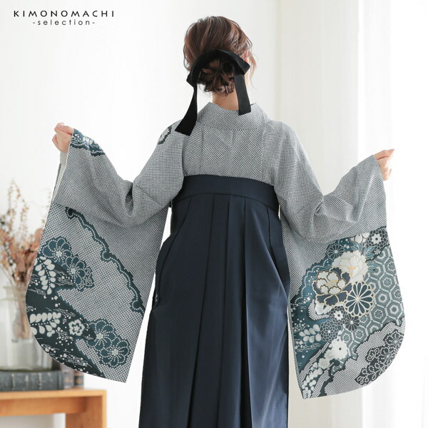 袴 セット 女性 4点セット「二尺袖：藍色 菊牡丹に疋田＋袴：紺色＋袴