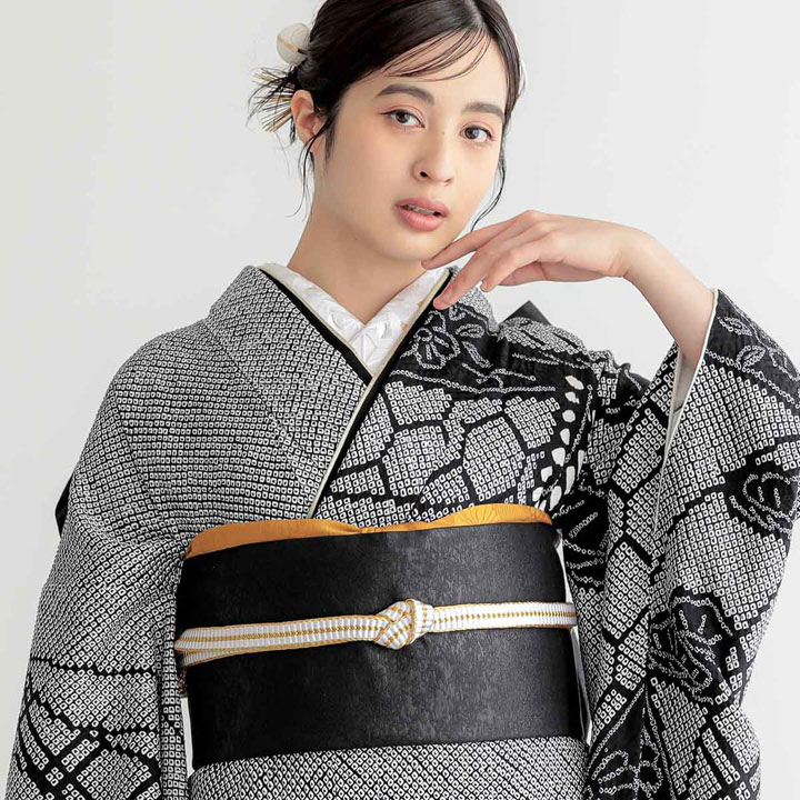 未仕立て 振袖 22点セット「総絞り 黒 熨斗に藤」仮絵羽 振り袖 正絹