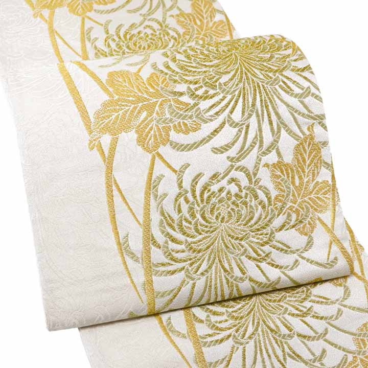 振袖 袋帯 単品「白地 黄金 糸菊」日本製 お仕立て上がり 振袖用 お