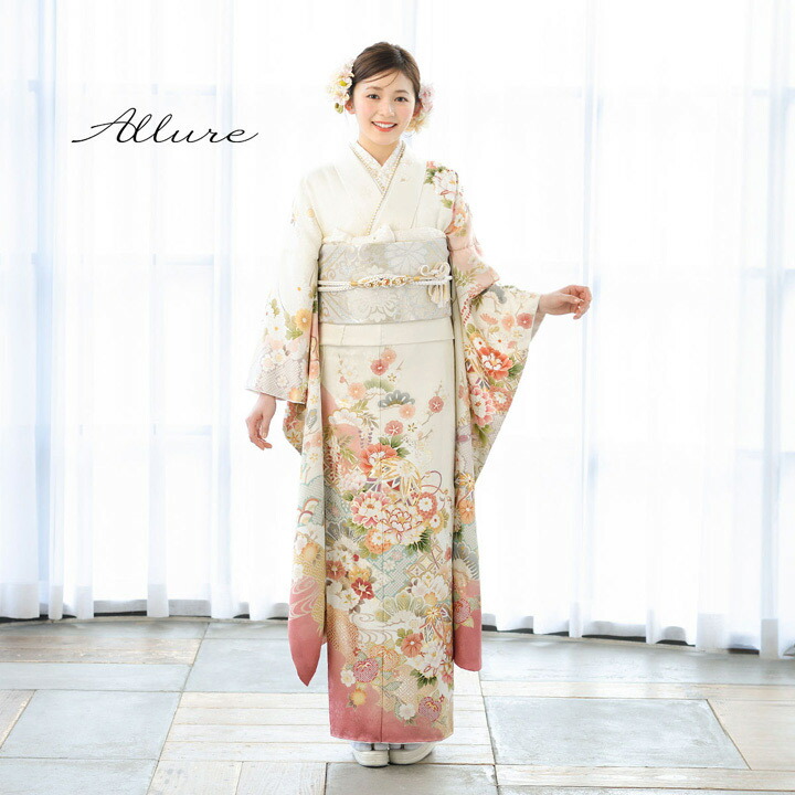 未仕立て 振袖 22点セット「Allure オフホワイト 手毬に牡丹」仮絵羽
