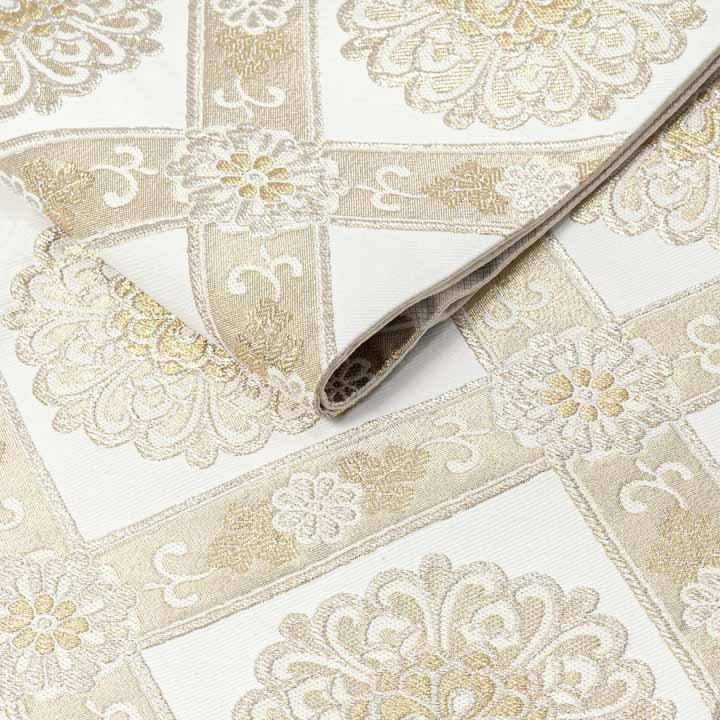 振袖 袋帯 単品「白×ゴールド 唐花格子」六通柄 日本製 お仕立て上がり