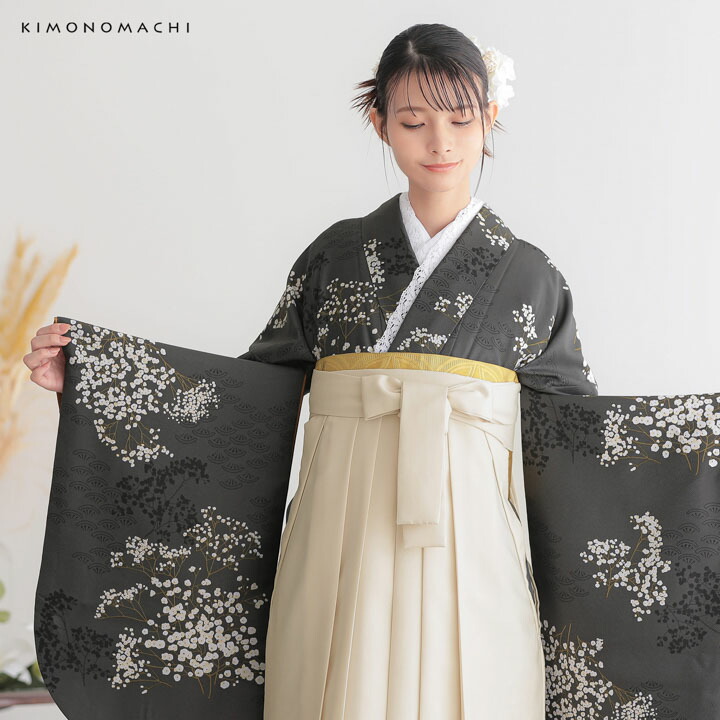 KIMONOMACHI 二尺袖着物 単品「かすみ草に青海波 墨色」KIMONOMACHI