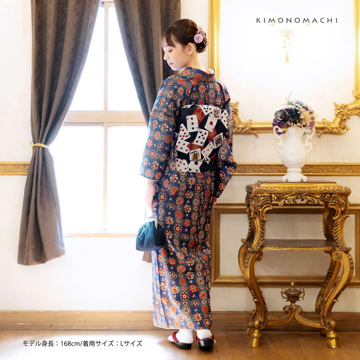 KIMONOMACHI 洗える着物 セット「袷着物：丸花更紗に菱紺鼠色＋京袋帯