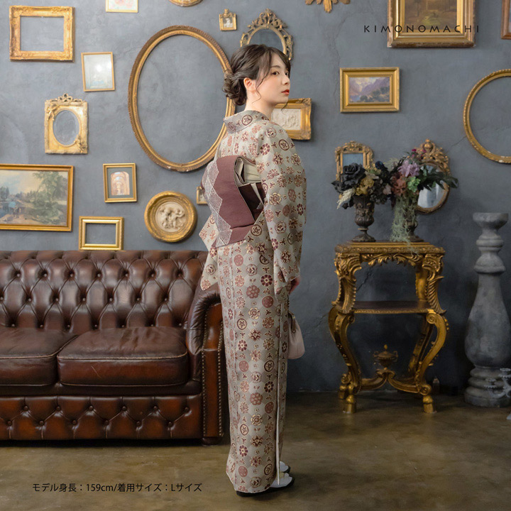 KIMONOMACHI 洗える着物 セット「袷着物：丸花更紗に菱灰釉色＋京袋帯