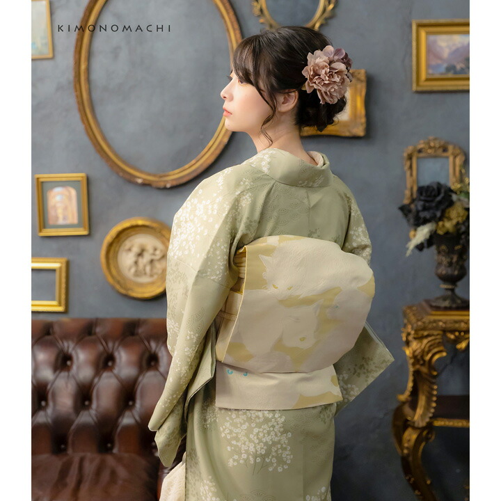 KIMONOMACHI 洗える着物 セット「袷着物：かすみ草に青海波灰黄緑＋京