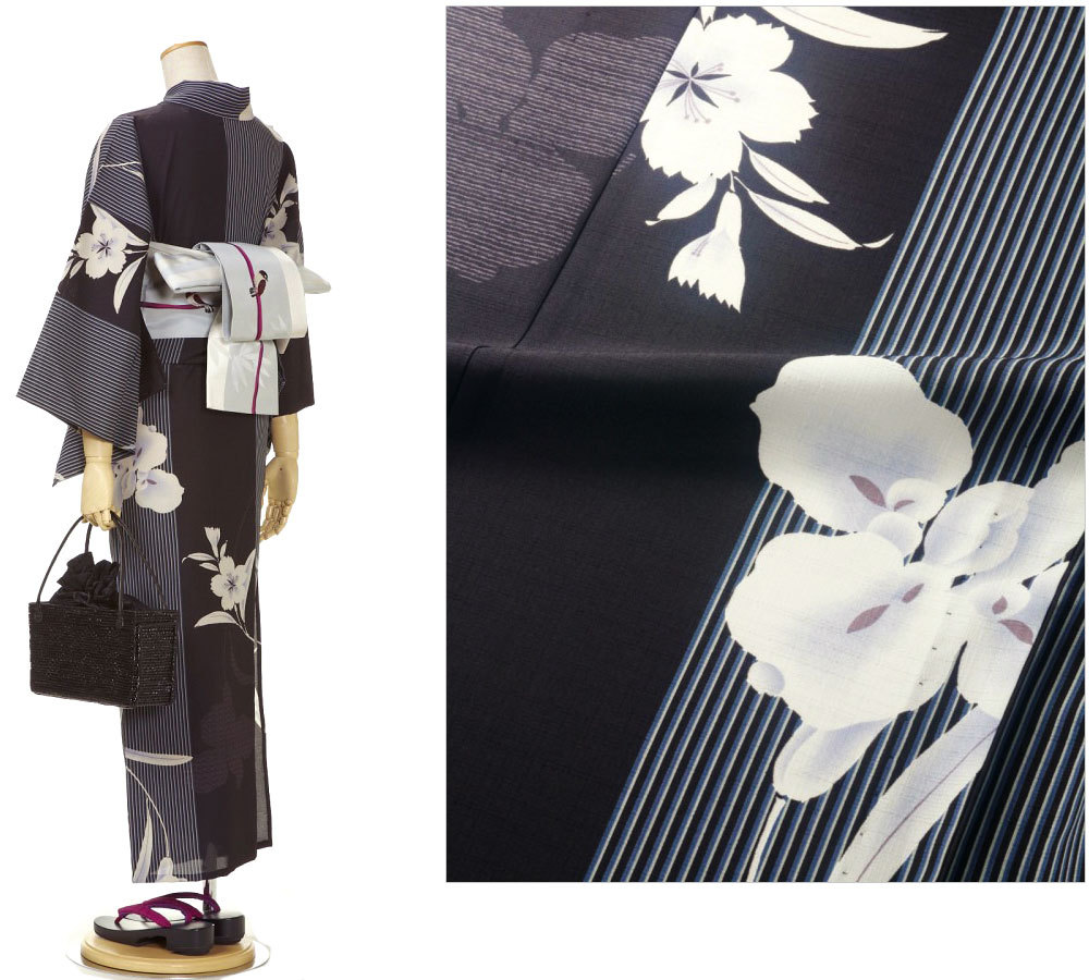 撫松庵 あやめ縞 黒 セオアルファ 単衣 夏着物 浴衣 菖蒲 仕立て上がり
