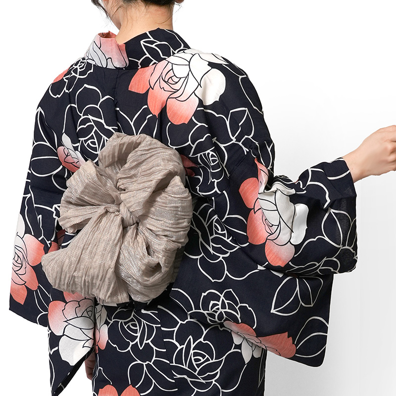 浴衣 2点セット 薔薇 バラ 紺 黒 赤 黒地 吸水速乾 兵児帯 花柄 大人