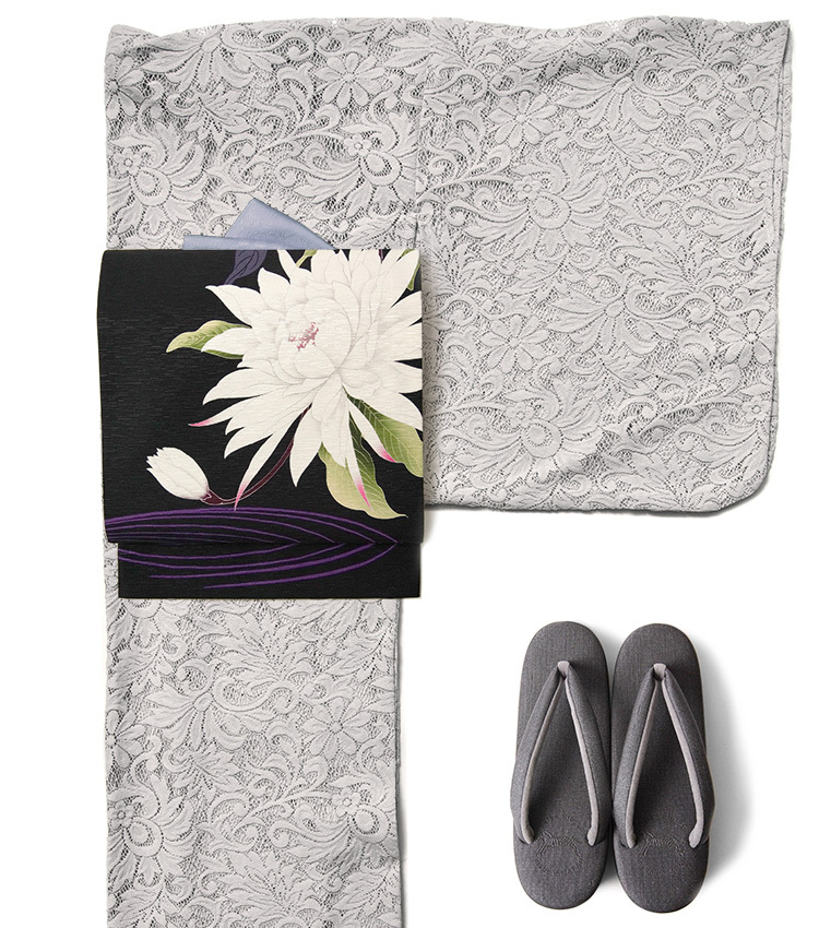 京袋帯 WAKKA 月下美人 黒 白 グレー 花 モダン 正絹 お太鼓 一重太鼓