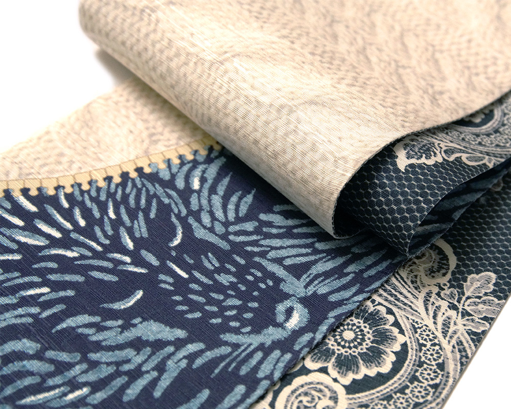 半幅帯 WAKKA オオカミのクローゼット オフホワイト ネイビー フェイク