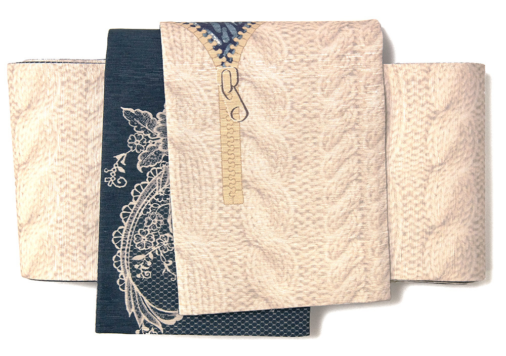 半幅帯 WAKKA オオカミのクローゼット オフホワイト ネイビー フェイク