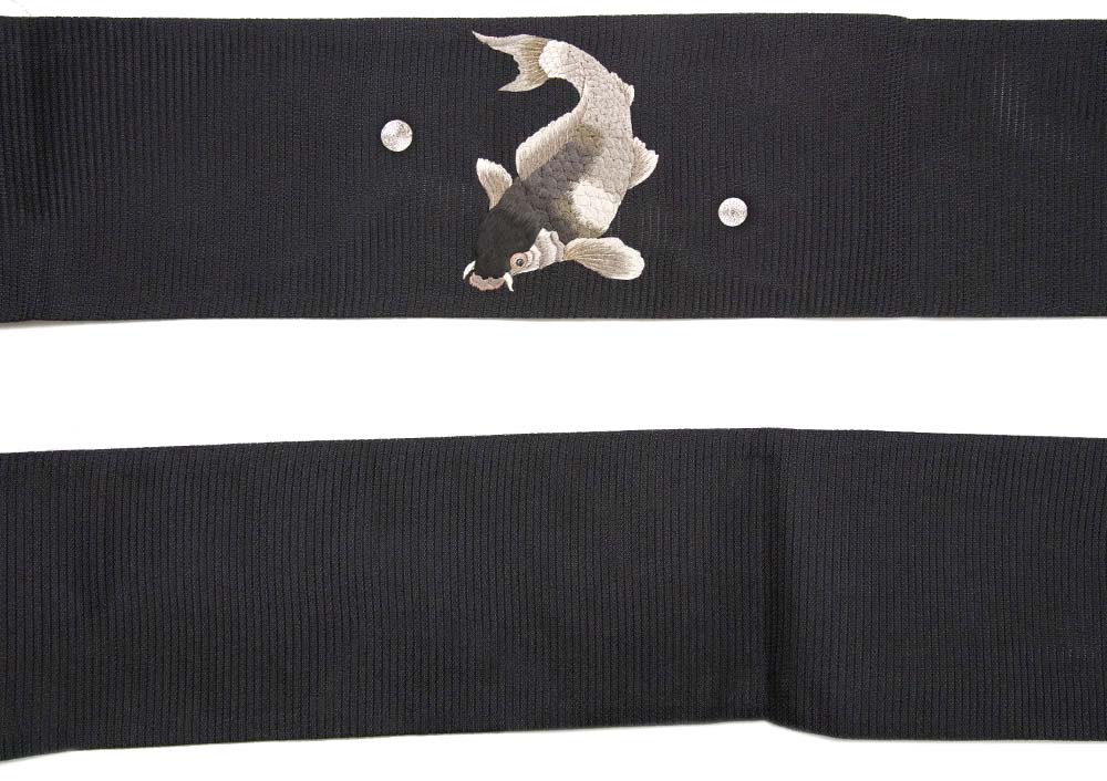 撫松庵 半幅帯 絽 コイ 黒 魚 縁起物 刺繍 夏帯 日本製 半巾帯 細帯