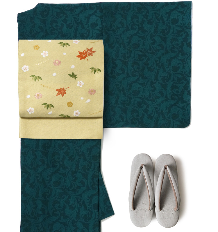 京袋帯 吹き寄せ からし 黄色 紅葉 桜 松葉 笹 花 伝統文様 JAPAN MODE