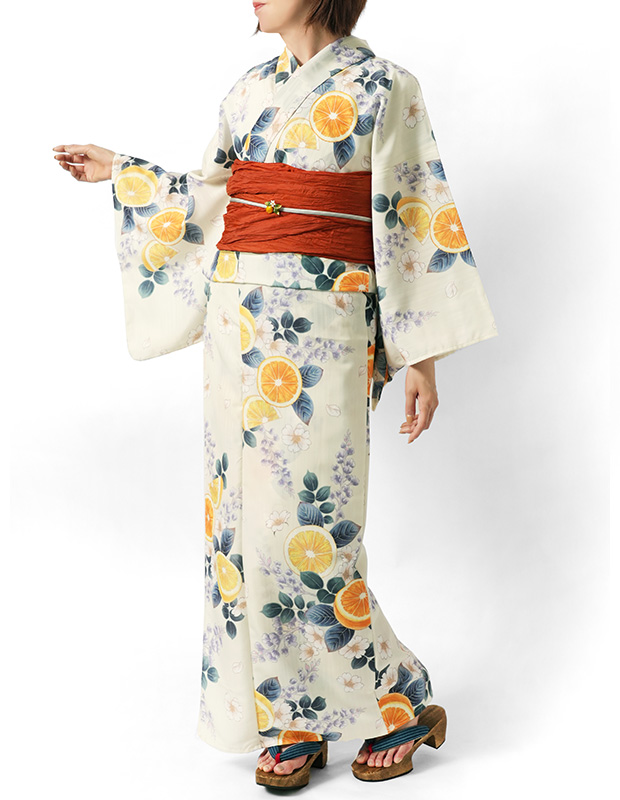 浴衣 2点セット シトラスと花 レモン オレンジ 藤 桜 クリーム オフ白