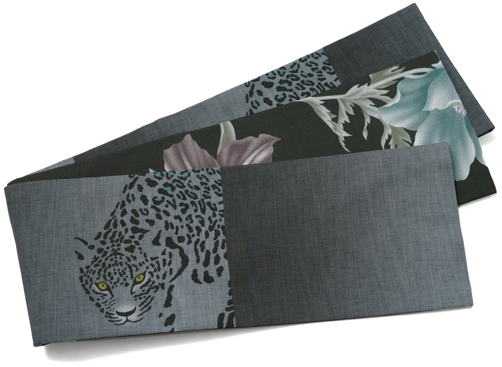 撫松庵 半幅帯 アマリリスポピー 豹 レオパード グレー アニマル柄 花